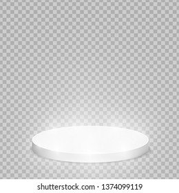 Round pedestal sanctified with light. Empty white podium illuminated mockup isolated on transparent background. Champion, first place, award, win, winner, award stair concept design. Vector