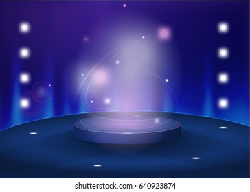 Round pedestal with soft backlight and sparkles around, vector illustration in blue color tones