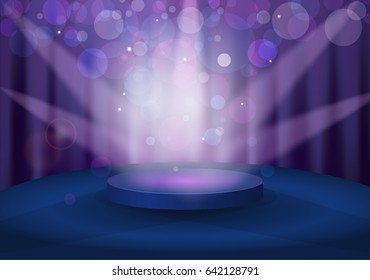 Round pedestal with soft backlight, spotlights and sparkles around, vector illustration in violet color tones