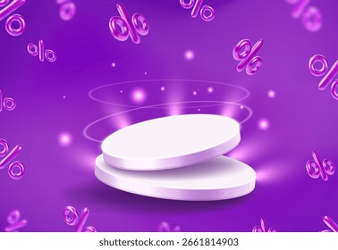 Ilustração de vetor de pedestal redondo. Fundo violeta com sinal de voo percentual. Palco com porcentagem de luzes brilhantes . Oferta de desconto, Modelo de venda.