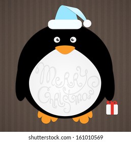 Round penguin, holding gift box paper stylized, with place for text on it. Christmas and New Year greeting card