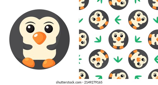 Round penguin Seamless pattern. Vector Background with the faces of penguin. Template for the packaging, baby textile.