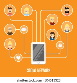 Round people icons connected with smartphone. Social network banner on orange background, vector illustration. Smiling cartoon characters. Teamwork concept. Mobile phones technology