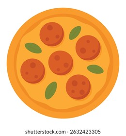 Pizza de pepperoni redondo com folhas de queijo e manjericão. Ilustração de alimento de vetor plano brilhante.