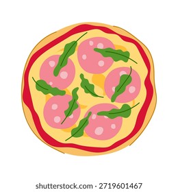 Pizza redonda de pepperoni con queso derretido, salsa de tomate y rúcula fresca en una corteza crujiente, aislada en la cena de comida rápida italiana clásica blanca o el favorito de entrega
