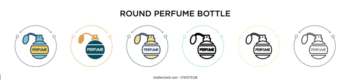 Round perfume bottle icon in filled, thin line, outline and stroke style. Vector illustration of two colored and black round perfume bottle vector icons designs can be used for mobile, ui, web