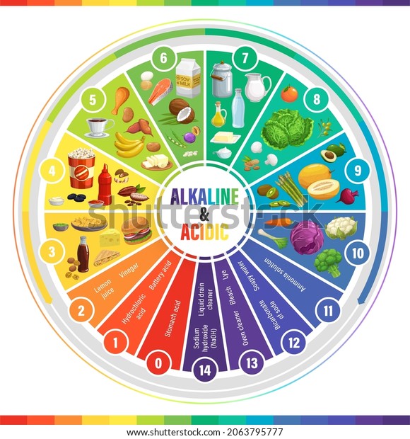 Round PH scale indicators chart, acids balance\
measure meter, vector chemistry science. PH alkaline and acidic\
indicators scale, chemical solution base values in water and food,\
vegetables and fruits
