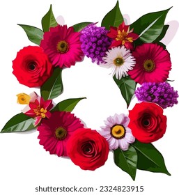 fotograma redondo para copiar espacio con flores decorativas de hojas blancas, rojas y verdes contra fondo blanco