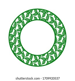 Round photo frame with a pattern of twigs and leaves. Green border on a white background. Vector design element for plotter cutting, handmade. Template for paper cut, plywood, cardboard, engraving.