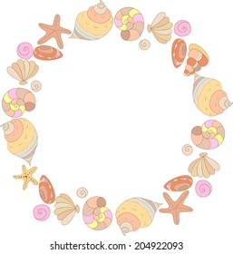 Round photo frame from seashells drawn by hand