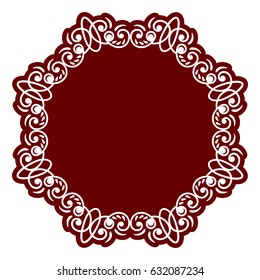 Round photo frame with vector geometric ornate elements. Floral border with place for text. Decorative circle template for design. Lace illustration for invitation, greeting card.