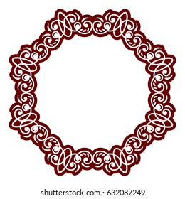 Round photo frame with vector geometric ornate elements. Floral border with place for text. Decorative circle template for design. Lace illustration for invitation, greeting card.