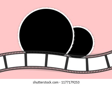 Round photo frames and film strip collage template for family album. Vector illustration