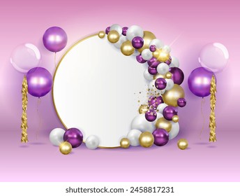 Round Photo zone for a birthday or party in pink. A banner for social networks with cute 3d balloons.