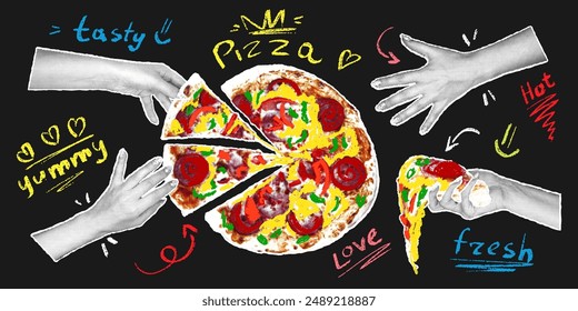 Round photorealistic pizza with pencil doodle texture. Hands with a halftone effect are reaching for a large pizza, a piece of pizza in hand. Vector illustration in retro collage style.