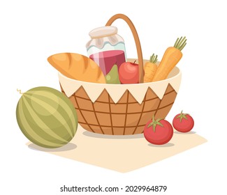 Round Picnic Basket with Handle and Meals on Blanket. Hamper with Watermelon, Veggies, Jam Jar and Bread for Outdoor Summer Recreation, Isolated Traditional Wicker Box. Cartoon Vector Illustration