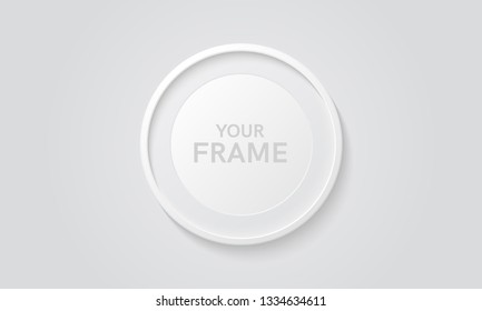 Round Picture Frame Isolated On A Wall. White Color. Realistic Modern Template. Circle Format. Mock Up For Pictures Or Photo. Beautiful Minimal Clean Design. Eps 10 Vector Illustration.