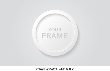 Round Picture Frame Isolated On A Wall. White Color. Realistic Modern Template. Circle Format. Mock Up For Pictures Or Photo. Beautiful Minimal Clean Design. Eps 10 Vector Illustration.