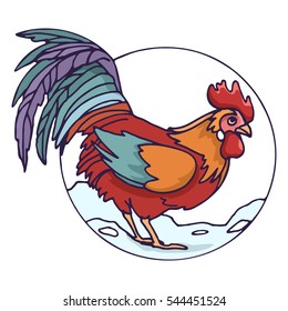 Round picture with a rooster, colored vector image.