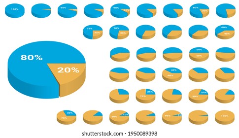 Round pie chart. 3D vector set for infographics and business design. Collection of percentage ratio options, from 0 to 100.  Circles divided into blue and yellow sectors for financial statistics. 