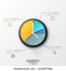 Round Pie Chart Or Clock Face Divided Into 4 Sectors Connected By Lines To Linear Symbols And Time Indication. Schedule Or Timetable Visualization. Infographic Design Template. Vector Illustration.