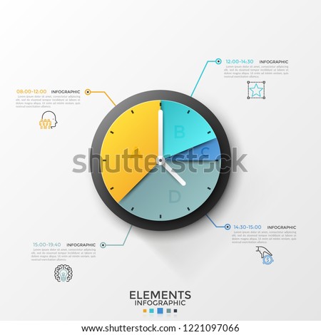 Round pie chart or clock face divided into 4 sectors connected by lines to linear symbols and time indication. Schedule or timetable visualization. Infographic design template. Vector illustration.