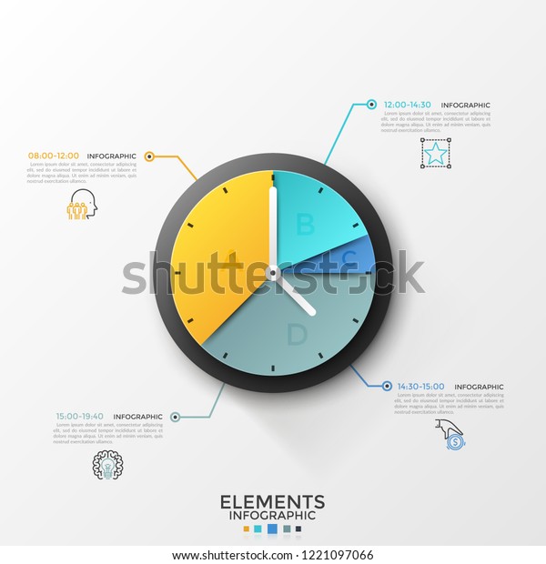 Round pie chart or clock face divided into\
4 sectors connected by lines to linear symbols and time indication.\
Schedule or timetable visualization. Infographic design template.\
Vector illustration.