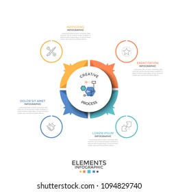 Round pie chart divided into 4 equal colorful parts or sectors with arrows pointing at thin line symbols and text boxes. Creative infographic design template. Vector illustration for presentation.