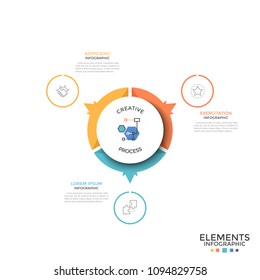 Round pie chart divided into 3 equal colorful parts or sectors with arrows pointing at thin line symbols and text boxes. Creative infographic design template. Vector illustration for presentation.