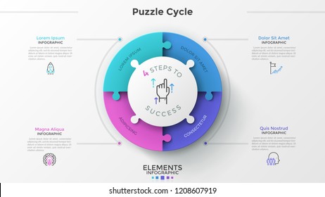 Round pie chart divided into 4 jigsaw puzzle pieces, thin line pictograms and place for text. Concept of four features of successful startup company. Infographic design template. Vector illustration.