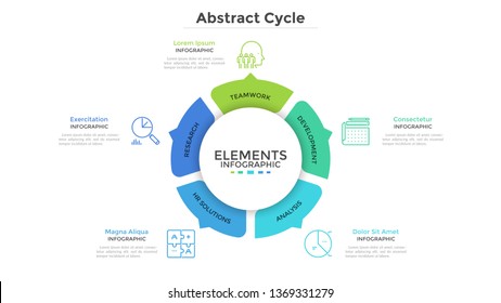 Round pie chart divided into 5 colorful parts with arrows or pointers. Five features of startup project. Minimal infographic design template. Modern vector illustration for website menu interface.