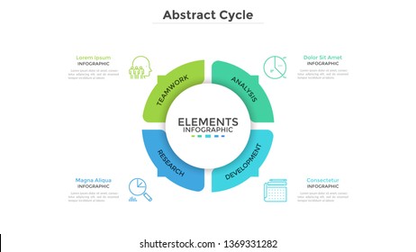 Round pie chart divided into 4 colorful parts with arrows or pointers. Four features of startup project. Minimal infographic design template. Modern vector illustration for website menu interface.