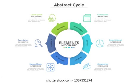 Round pie chart divided into 6 colorful parts with arrows or pointers. Six features of startup project. Minimal infographic design template. Modern vector illustration for website menu interface.