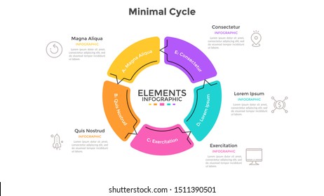 Round pie chart divided into 5 sectors connected by arrows. Concept of five stages cyclical process. Minimal infographic design template. Flat vector illustration for business cycle visualization.