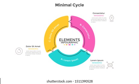 Round pie chart divided into 3 sectors connected by arrows. Concept of three stages cyclical process. Minimal infographic design template. Flat vector illustration for business cycle visualization.