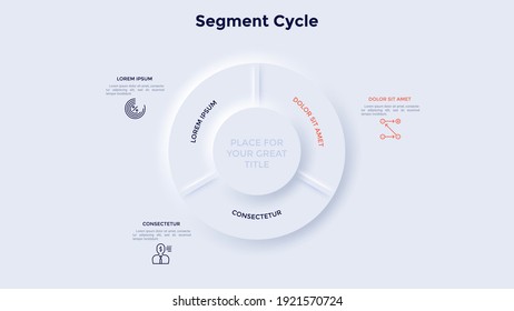 Round pie chart divided into 3 segments. Concept of three features of business project management. Neumorphic infographic design template. Modern vector illustration for data analysis visualization.