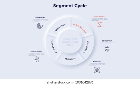 Round pie chart divided into 5 segments. Concept of five features of business project management. Neumorphic infographic design template. Modern vector illustration for data analysis visualization.