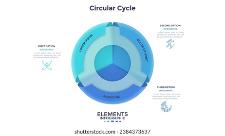 Round pie chart divided into 3 colorful parts with ribbons or pointers. Three features of startup project. Minimal infographic design template. Modern vector illustration for website menu interface.