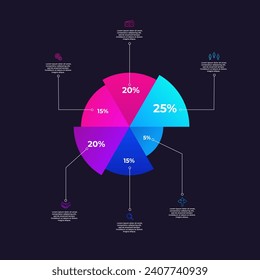 Round pie chart divided into 6 colorful parts. Concept of six features of startup development strategy. Simple flat infographic vector illustration for business information visualization.