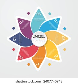 Gráfico circular dividido en 8 partes coloridas. Concepto de ocho características de la estrategia de desarrollo inicial. Ilustración simple de vectores de infografía plana para visualización de información empresarial.