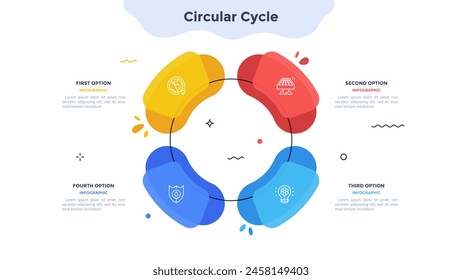 Round pie chart divided into 4 colorful parts connected with lines. Four features of startup project. Minimal infographic design template. Modern vector illustration for website menu interface.