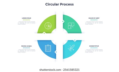 Round pie chart divided into 4 colorful parts with arrows or pointers. Four features of startup project. Minimal infographic design template. Modern vector illustration for website menu interface.