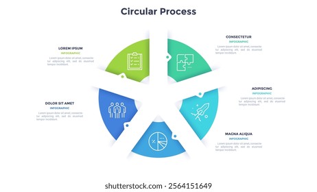 Round pie chart divided into 5 colorful parts with arrows or pointers. Five features of startup project. Minimal infographic design template. Modern vector illustration for website menu interface.