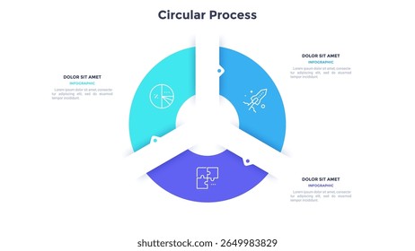 Round pie chart divided into 3 colorful parts with arrows or pointers. Three features of startup project. Minimal infographic design template. Modern vector illustration for website menu interface.