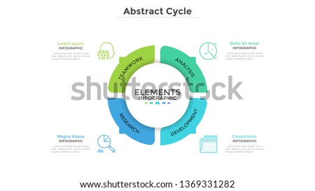 Round pie chart divided into 4 colorful parts with arrows or pointers. Four features of startup project. Minimal infographic design template. Modern vector illustration for website menu interface.