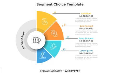 Round pie chart with one half divided into 4 colorful sectors or segments. Four features of startup project. Creative infographic design template. Flat vector illustration for business presentation.