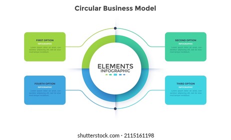 Gráfico circular dividido en 4 partes iguales. Concepto de modelo con cuatro características de proyecto de negocio a comparar. Ilustración simple de vectores de infografía plana para análisis de información, presentación, informe