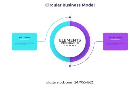 Round pie chart split into 2 equal parts. Concept of model with two features of business project to compare. Simple flat infographic vector illustration for information analysis, presentation, report.