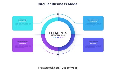 Round pie chart split into 4 equal parts. Concept of model with four features of business project to compare. Simple flat infographic vector illustration for information analysis, presentation, report