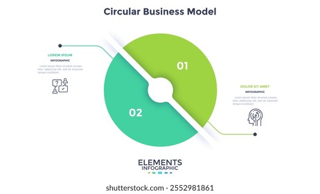 Diagrama circular dividido en 2 partes iguales. Concepto de modelo con dos características de proyecto empresarial a comparar. Ilustración vectorial simple de infografía plana para el análisis de información, presentación, informe.